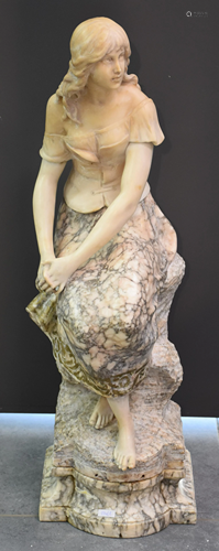 Alabaster sculpture, pensive young woman, Height 89 cm.