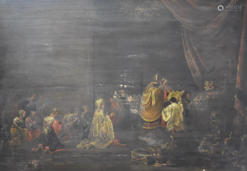 Oil on panel XVII th century. Prayer scene of notables