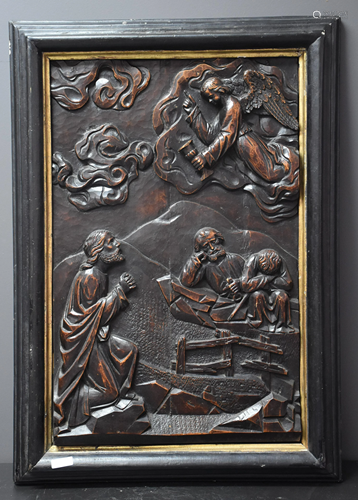 Christ in the Garden of Olives. Carved walnut panel at