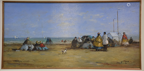 Francis Cristaux (1956). Oil on canvas, lively beach