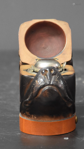 Carved wooden inkwell forming the head of a bulldog.