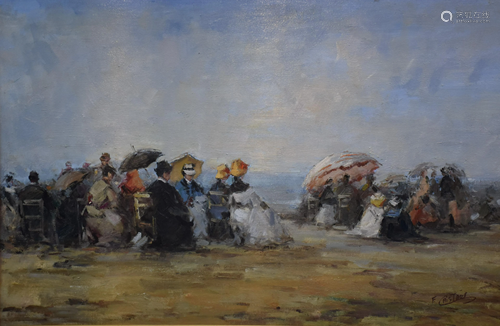 Francis Cristaux (1956). Oil on canvas, lively beach