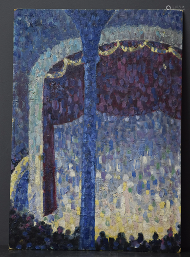 Theater scene . Pointillist oil on cardboard. 25 x 35.5