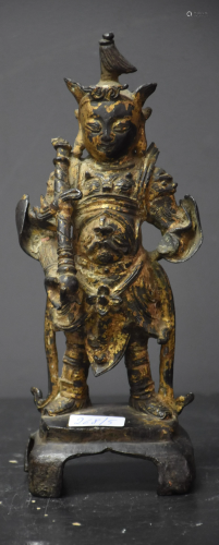 Partially gilded Chinese bonze warrior, Ming period. Ht