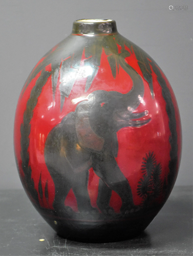 Charles Catteau. Boch Keramis. Vase with red and black