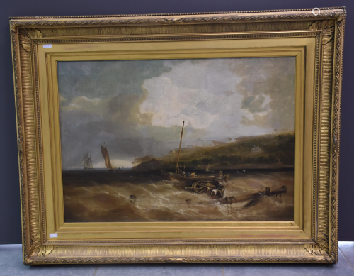 Oil on panel, lively 19th century marine. Golden frame