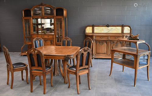 Art Nouveau dining room with a table, 6 chairs, a large