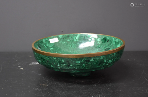 Copper rimmed malachite fruit bowl. Ht 9 cm. Ã˜ 24 cm.