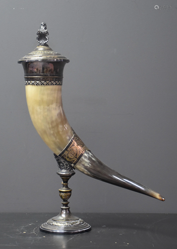 Buffalo horn, ornate WMF silver metal frame. Ht 45 cm.