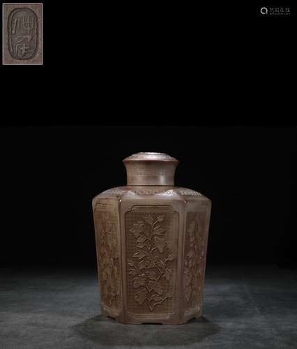 A Chinese Zisha Tea Jar With Flower Pattern And Mark