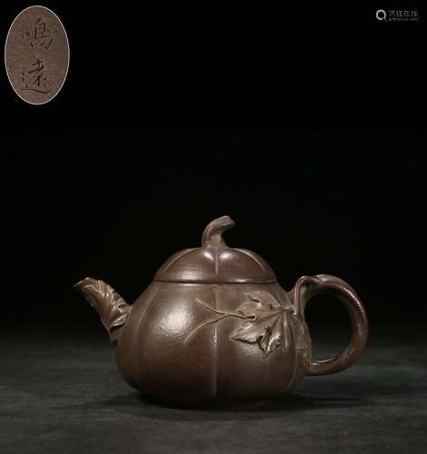 A Chinese Zisha Teapot With Pumkin Carving And Mark