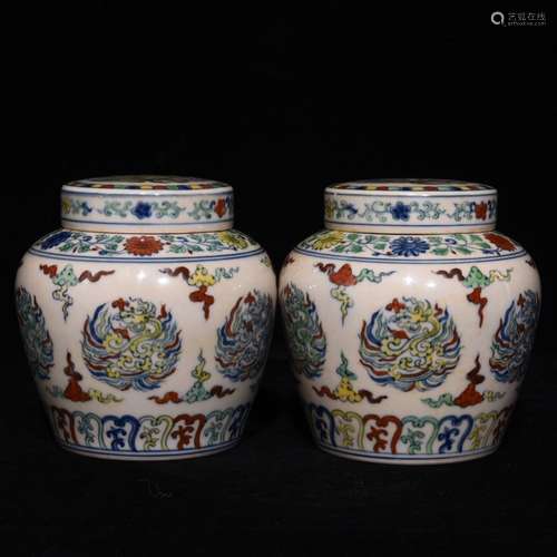 Pair Of Chinese Procelain Dou Cai Phoenix Painting Jars