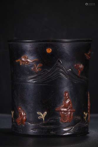 A Chinese Rosewood Story Carved Brush Pot