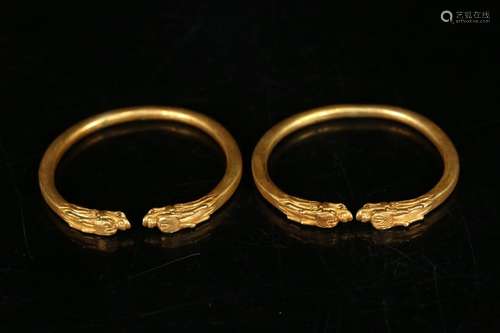 Pair Of Chinese Gilt Bronze Bangles With Dragon Carving