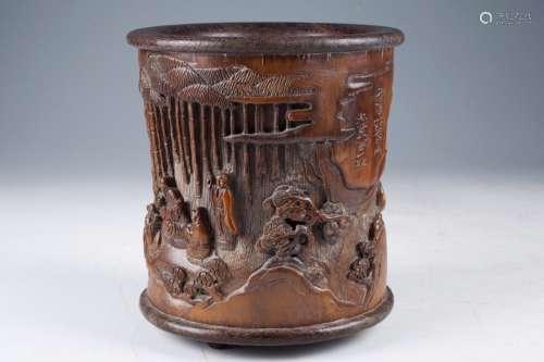 A Chinese Bamboo Figure Carved Brush Pot