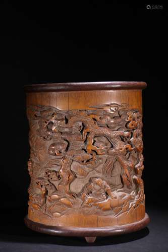 A Chinese Bamboo Rosewood Story Carved Brush Pot