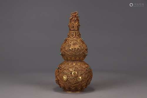 A Chinese Gilt Silver Gourd Carved Vase With Longevous Pattern