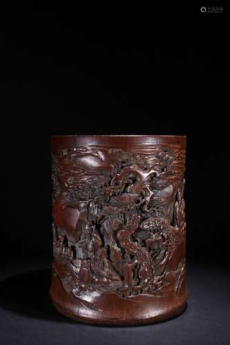 A Chinese Bamboo Story Carved Brush Pot