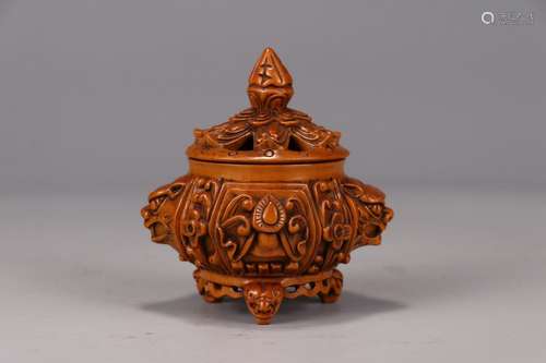 A Chinese Boxwood Beast Carved Censer