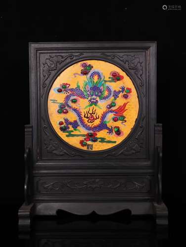 A Chinese Red Wood Cloisonne Screen Ornament