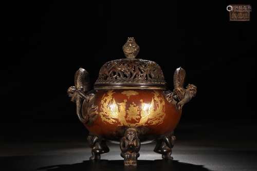 A Chinese Gilt Bronze Phoenix And Dragon Carved Ear Censer