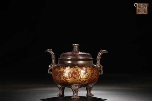 A Chinese Gilt Bronze Story Carved Ear Censer