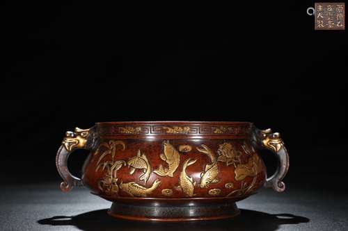 A Chinese Gilt Bronze Dragon Carved Ear Censer