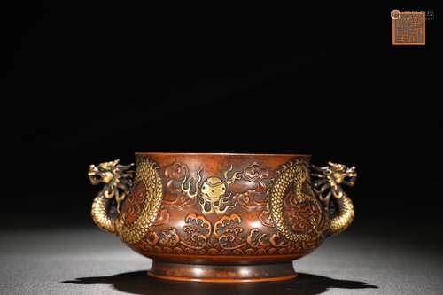 A Chinese Gilt Bronze Dragon Carved Ear Censer