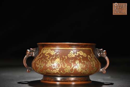 A Chinese Gilt Bronze Dragon Carved Ear Censer