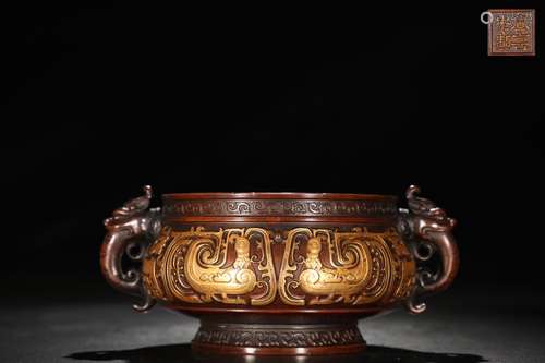 A Chinese Gilt Bronze Phoenix Pattern Ear Censer