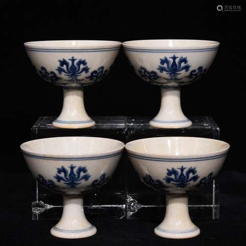 Set Of Blue&White Chinese Procelain Flower Painting Cups