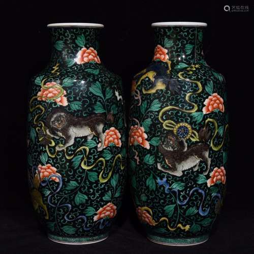 Pair Of Chinese San Cai Beast Painting Vases