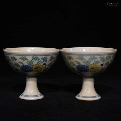 Pair Of Chinese Procelain Dou Cai Cups Wity Flower Painting