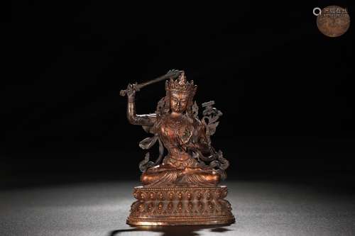 A Chinese Bronze Manjushri Buddha With Golden Painting