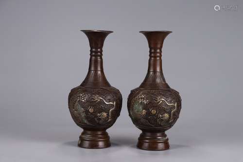 Pair Of Chinese Bronze Dragon Pattern Vases