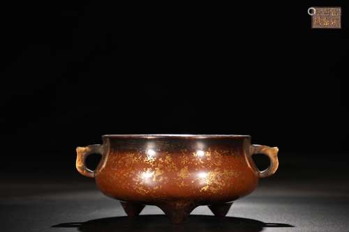 A Chinese Bronze Ear Censer With Golden Painting