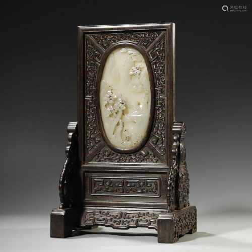ANCIENT CHINESE,WHITE JADE INSET WOOD SCREEN