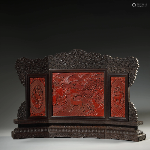 ANCIENT CHINESE,LACQUER WARE INSET WOOD SCREEN