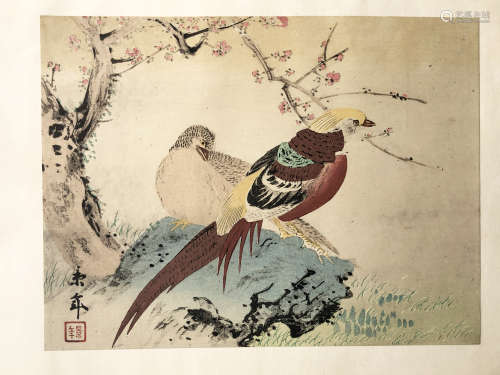 今尾景年 1926年 梅花金鸡鸟图  手拓限量木版画 画芯卡套