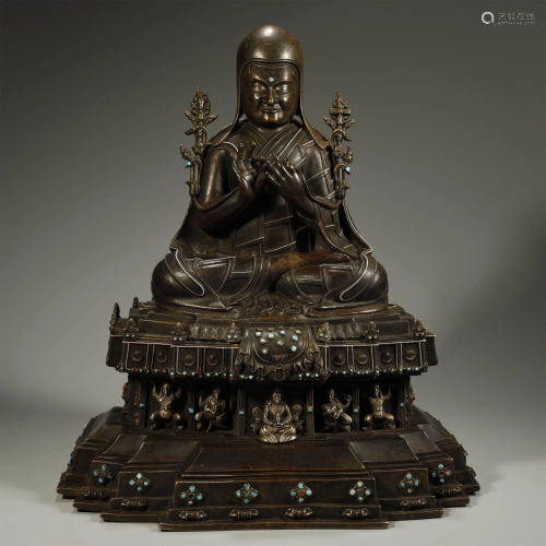 ANCIENT TIBETAN,ALLOY COPPER SILVER-INLAID BUDDHA