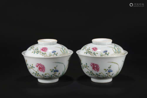 Qing dynasty pastel bowl with cover*1 pair