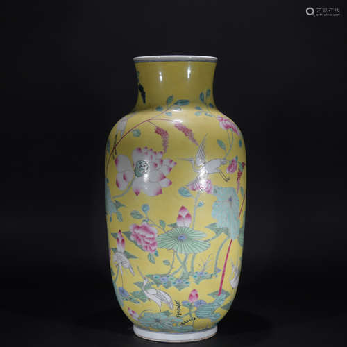 Qing dynasty pastel flower and bird vase with yellow base