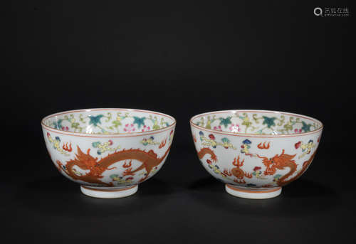 Qing dynasty flushed bowl with dragon patern*1 pair