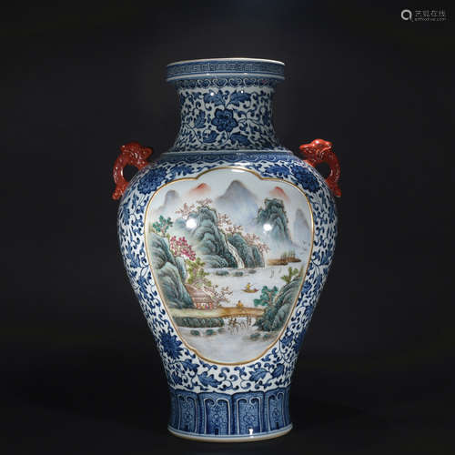 Qing dynasty blue-and-white pastel landscape  medallion vase