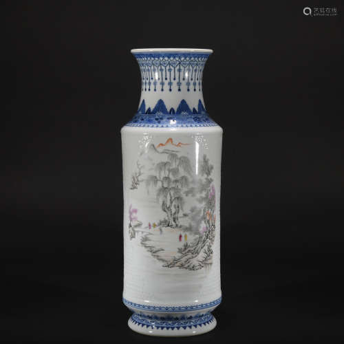 Qing dynasty ink color landscape chinese-staff-shaped vase