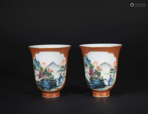 Qing dynasty pastel landscape cup*1 pair