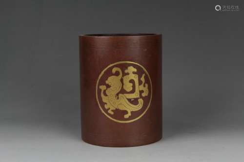Chinese Shi Sou Mark Red Bronze Brush Pot Inlaid With Silver And Gold Gilded