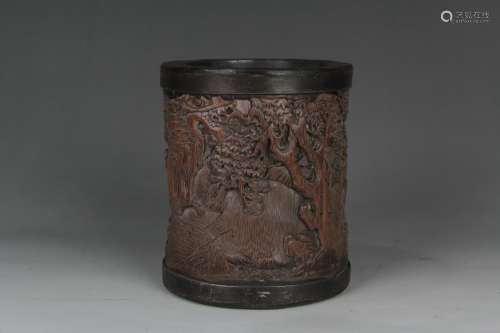 Chinese Bamboo Carving Landscape Pattern Brush Pot