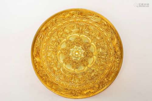 Chinese Rare Bronze Gold Gilded Plate
