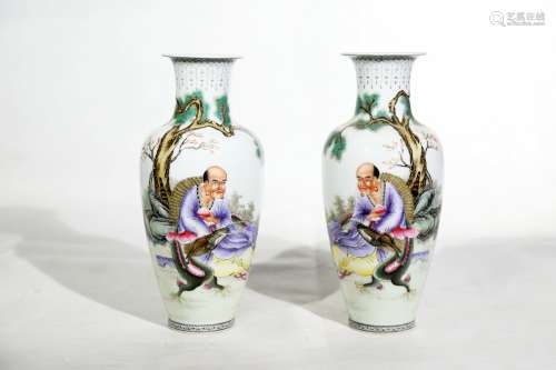 Chinese Pair Of Mid Qing Dynasty Doucai Porcelain Bottles